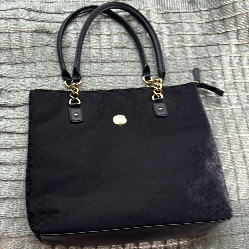 Tommy Hilfiger Black and Gold Tote Bag Structured Design